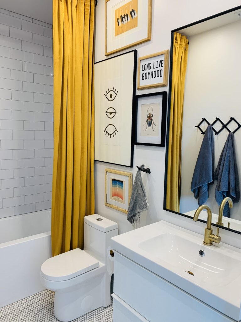 bathroom remodel, amazing design, white counter and countertops, yellow and blue accents